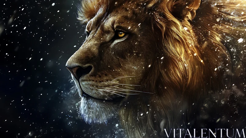Golden-maned lion gazing calmly through swirling snow.