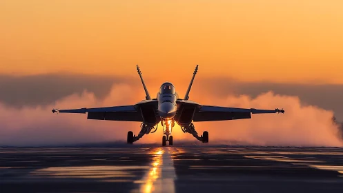 Carrier-based twin‑engine fighter jet launching at sunrise