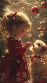 Little girl and puppy share a quiet, glowing Christmas moment