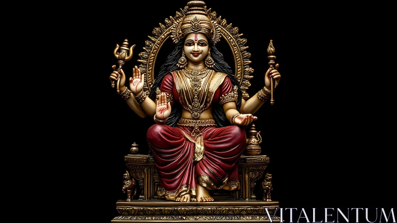 Polychrome goddess sculpture with ornate throne iconography.