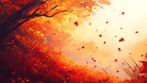 Crimson leaves whirl in a sunlit autumn ember forest dream.