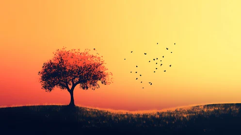 Solitary Tree at Sunset with Birds in Minimalist Art Style.