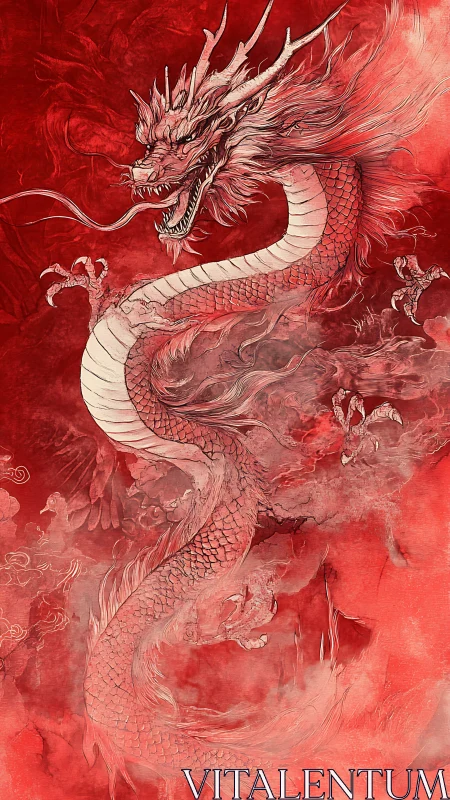 Scarlet Eastern dragon coiled in mist with inked flame contours.