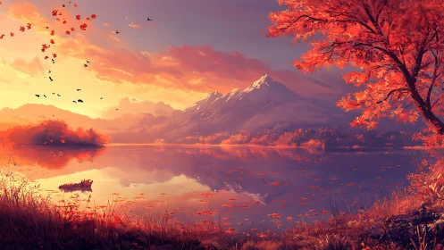 Autumn mountain lake at sunset with reflective water surface.