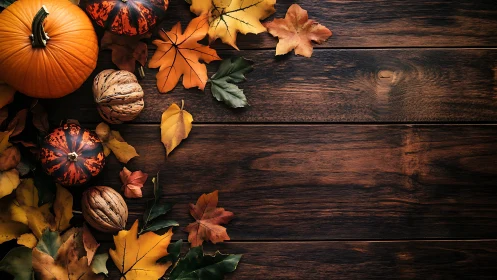 Autumn pumpkins, nuts and leaves on dark wooden surface.