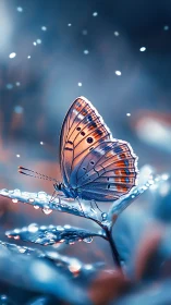 Iridescent butterfly rests on dewy leaf in soft bokeh glow
