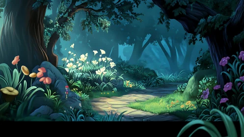 Enchanted Forest Glade With Vibrant Wildflowers.