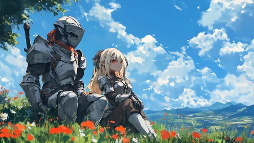 Armored duo resting in wildflower meadow under bright sky.