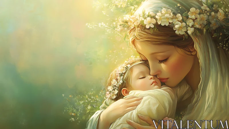 Digital rendering depicts maternal tenderness conveyed through luminous color gradation and floral c