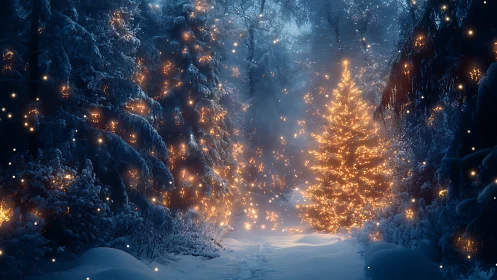 Illuminated conifer in dense snowy forest at twilight.