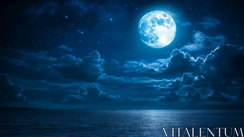 Luminous full moon over reflective ocean under deep blue sky