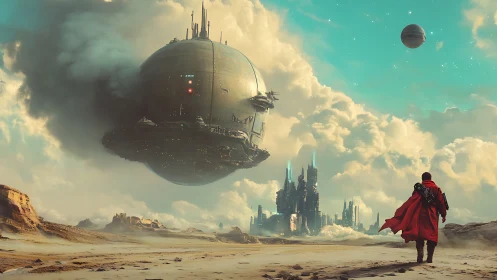 Lone wanderer watches colossal starship over desert metropolis