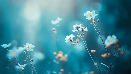 Delicate white flowers bloom against soft teal bokeh background