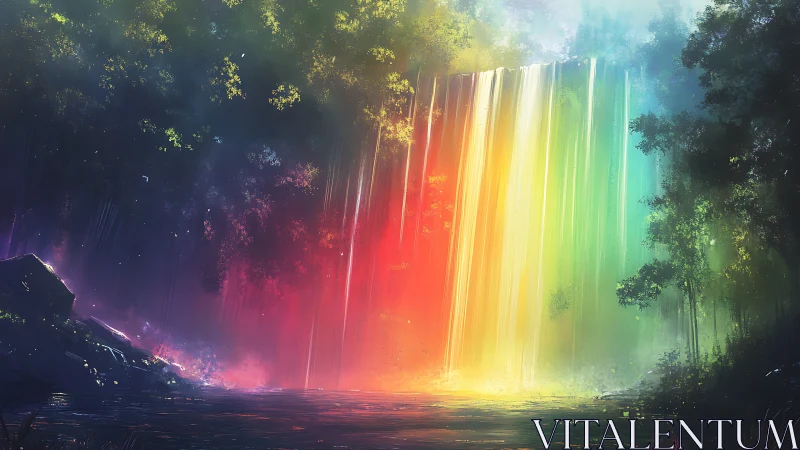 Prismatic forest waterfall pouring liquid daylight.