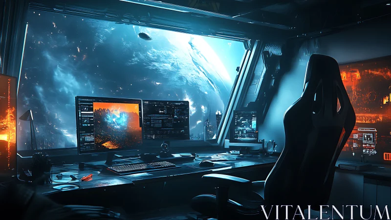 Futuristic command workstation overlooks vivid cosmic horizon.