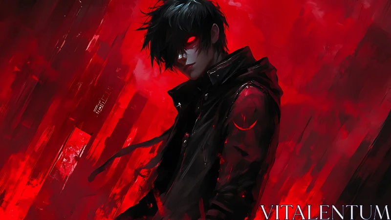 Dark-haired figure with glowing red eyes stands in abstract storm