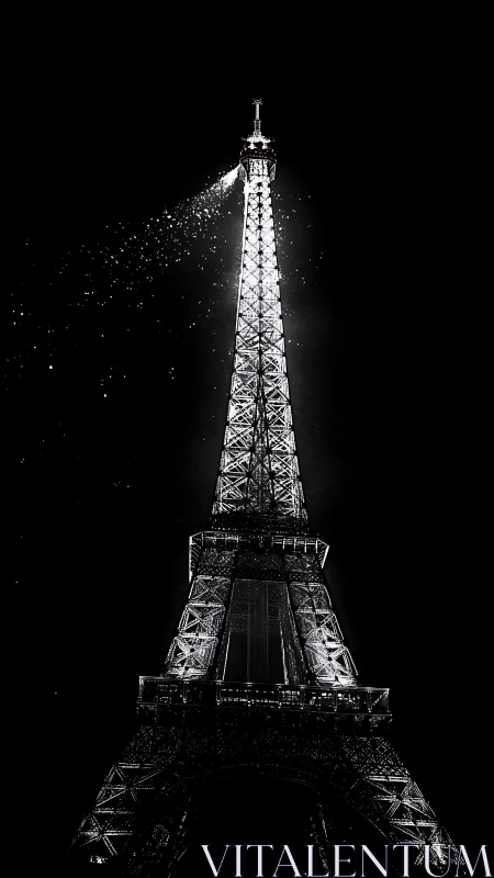 Noir high-contrast Eiffel Tower rendered in luminous monochrome