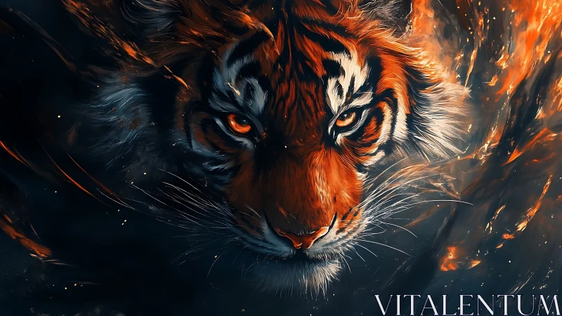 Tiger head in stylized fire and smoke digital illustration.