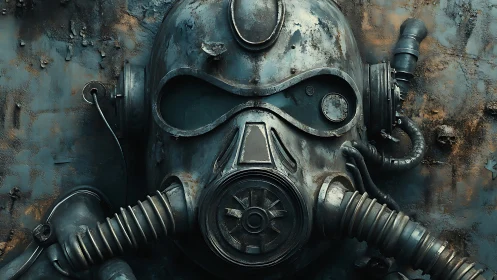 Rusty post apocalyptic gas mask helmet on metal wall.