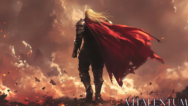 Lone armored hero strides through glowing embers and ash.