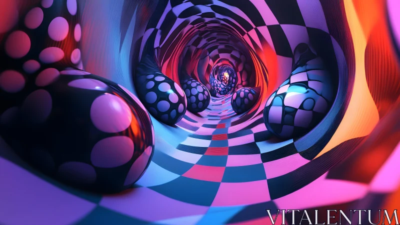 Parametric tunnel of checkered reflections under neon gradient lighting