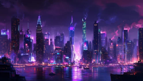 Neon-soaked future skyline over reflective harbor waters.