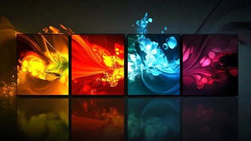 Digital painting quad-panel chromatic energy abstraction.
