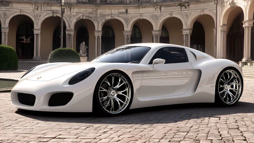 White sports coupe is parked on cobblestone in historic courtyard