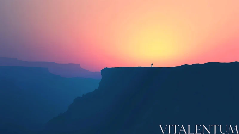 Silhouetted figure stands on plateau against gradient sunrise