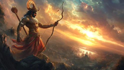 Epic archer deity overlooks mythic city in cinematic sunset light