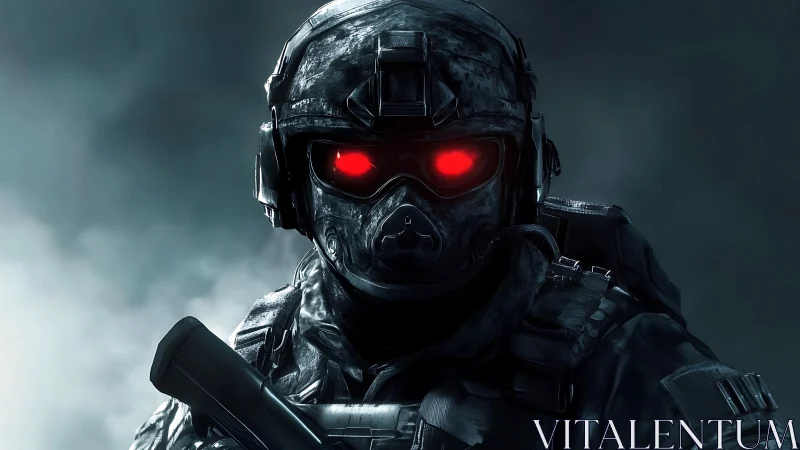 Armored cyber soldier glares with ominous red visor glow.