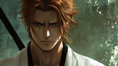 Storm-eyed swordsman holding silent strength and resolve.