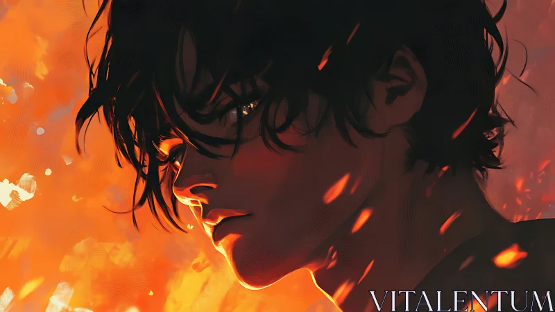 Profile of dark haired figure against orange illuminated field.