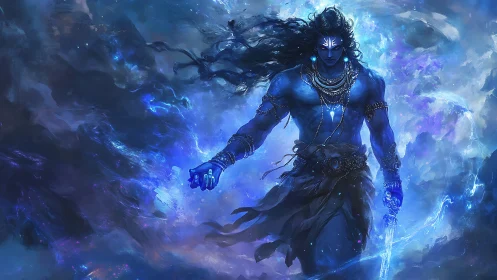 Celestial blue warrior advances through luminous cosmic storm