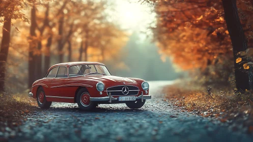 Crimson classic car savors a peaceful drive through autumn woods