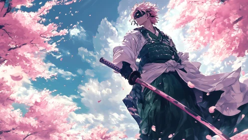 Anime samurai under cherry blossoms in dynamic low-angle view.