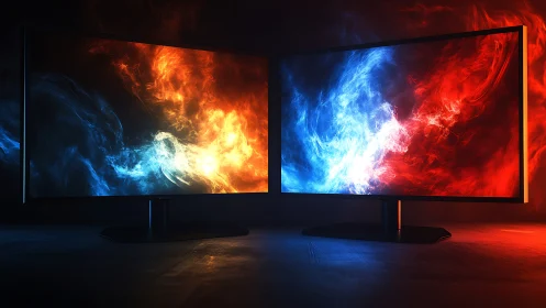 Dual gaming monitors display opposing fire and ice energy