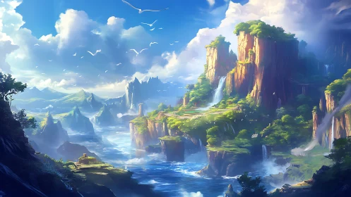 Cascading Cliff Valley with Verdant Growth and Waterfall Formations.