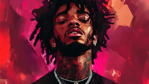 Portrait shows digital painting of man against red background