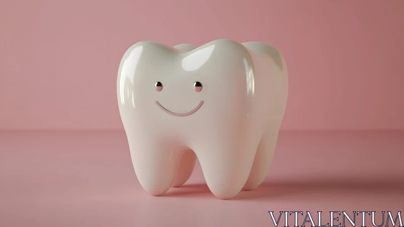 Cute smiling tooth cartoon on pink background, 3D illustration style.