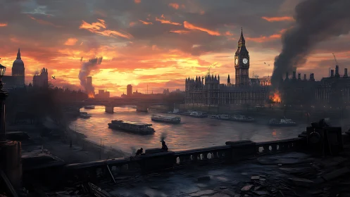 Burning London skyline meets serene sunset over Thames.