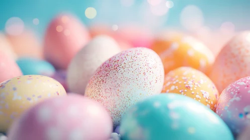 Shallow‑focus macro study of speckled pastel Easter eggs.