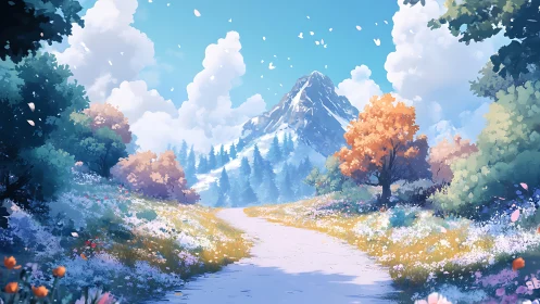 Idyllic mountain path framed by vibrant seasonal foliage in bloom