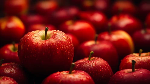 Fresh red apple closeup with water droplets in focus.