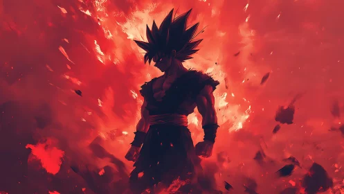 Fiery anime warrior silhouette within explosive red aura.
