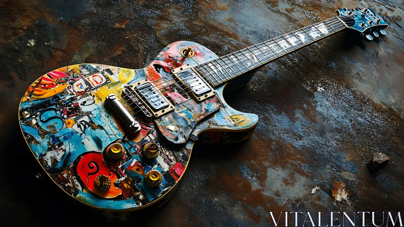 Electric guitar with abstract graffiti collage finish.
