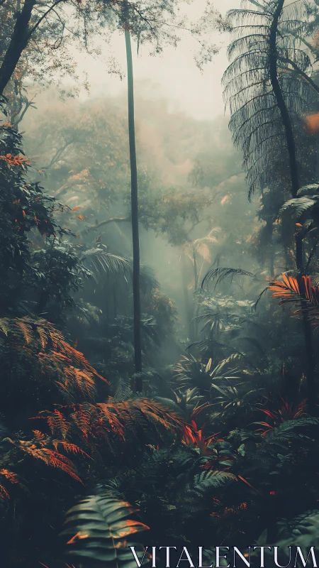 Misty Rainforest Canopy with Palm Fronds.