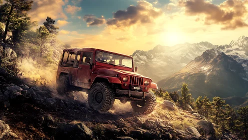 Red off-road SUV climbs rocky slope under dramatic sunset light