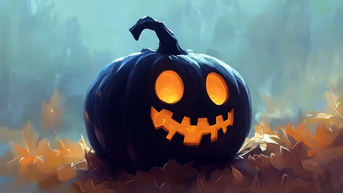 Digital painting of glowing jack-o’-lantern in misty foliage.