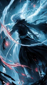 Iceborn swordsman channels spectral energy in storm-lit void.